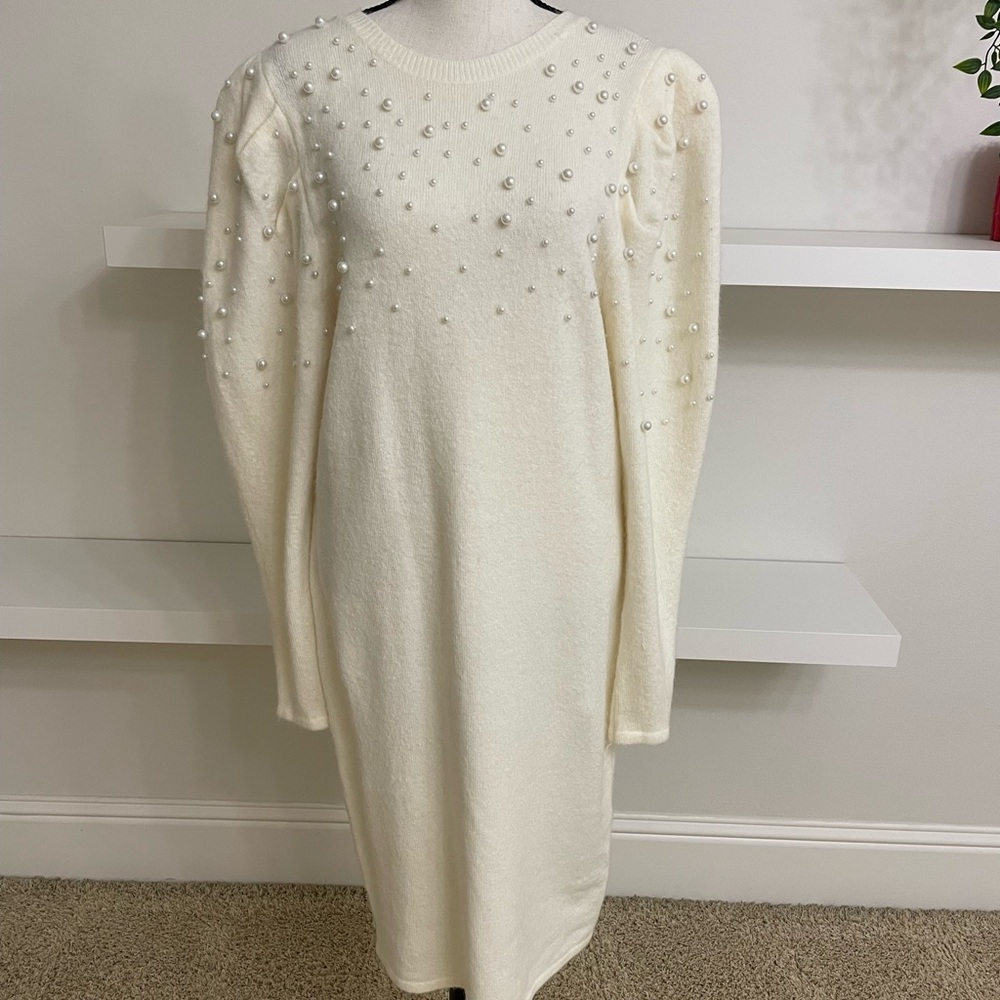 Express Ivory Long Sleeve Dress with Beaded Accents